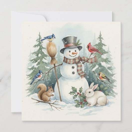 Christmas Snowman and Forest Birds, Animals  シーズンカード (正面)