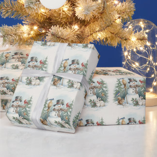 Christmas Snowman and Forest Birds, Animals  ラッピングペーパー
