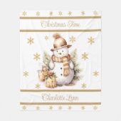 Christmas Snowman Blanket With Name Gold フリースブランケット (正面)