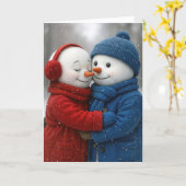 Christmas Snowman Couple in Snowflakes カード (黄色い花)