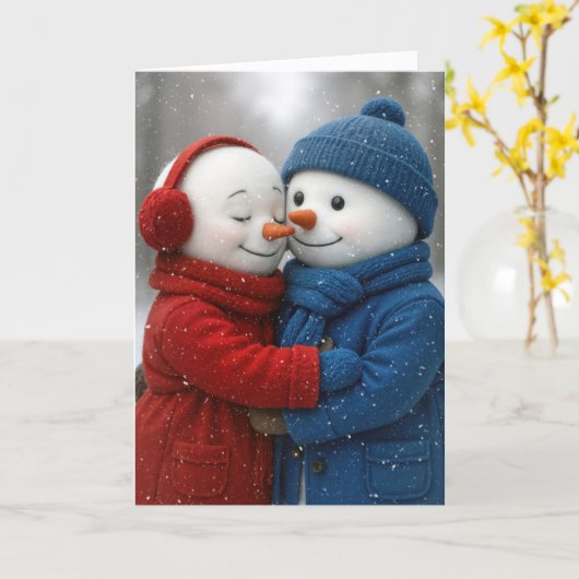 Christmas Snowman Couple in Snowflakes カード (黄色い花)