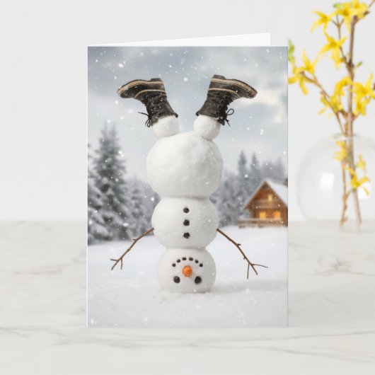 Christmas Snowman Doing a Headstand  カード (黄色い花)