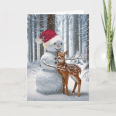 Christmas Snowman Hugging a Fawn シーズンカード (正面)