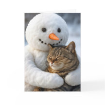Christmas Snowman Hugging a Tabby Cat