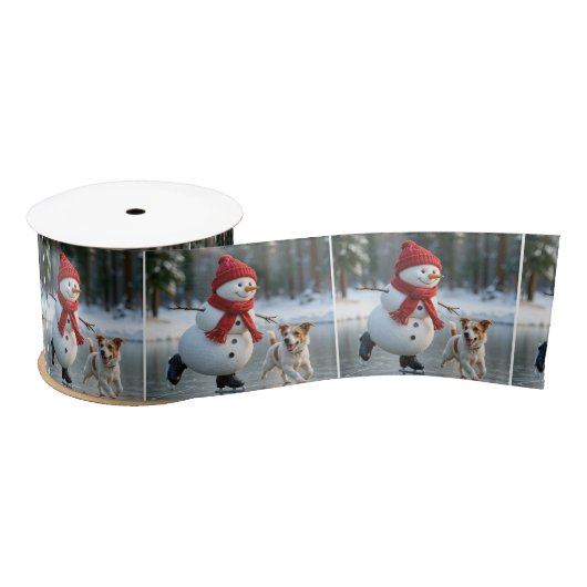 Christmas Snowman Ice Skating With Dog サテンリボン (リール)
