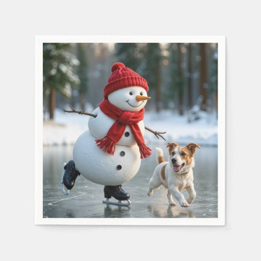 Christmas Snowman Ice Skating With Dog スタンダードカクテルナプキン (正面)