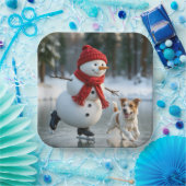 Christmas Snowman Ice Skating With Dog ペーパープレート (パーティー)