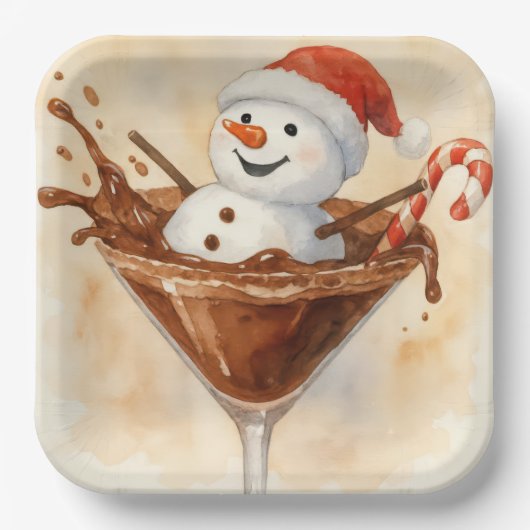 Christmas Snowman In a Chocolate Martini ペーパープレート (正面)