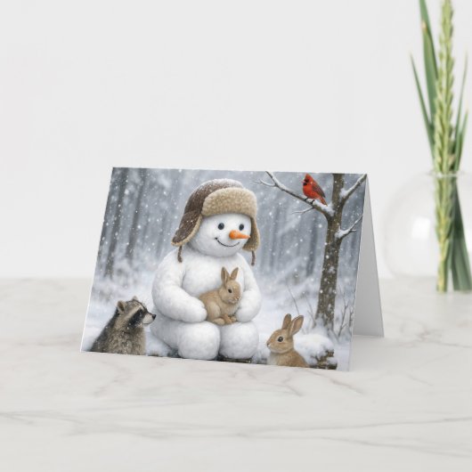 Christmas Snowman In Winter Woods With Animal カード (正面)
