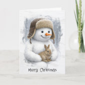 Christmas Snowman In Winter Woods with Bunny カード (正面)