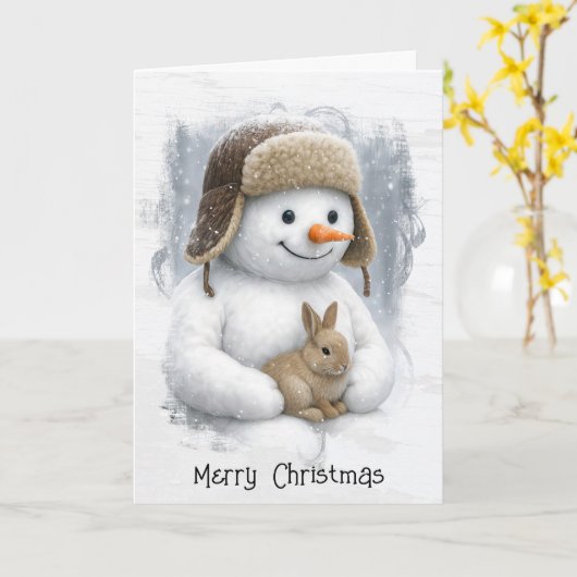 Christmas Snowman In Winter Woods with Bunny カード (黄色い花)
