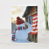 Christmas Snowman Saluting an American Flag カード (正面)