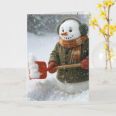 Christmas Snowman Shoveling Snow カード (黄色い花)