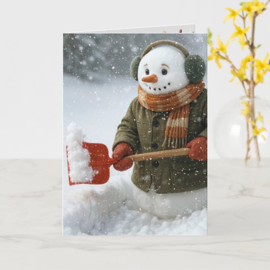 Christmas Snowman Shoveling Snow カード (黄色い花)