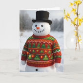 Christmas Snowman Wearing an Ugly Sweater カード (黄色い花)