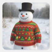 Christmas Snowman Wearing an Ugly Sweater スクエアシール (正面)