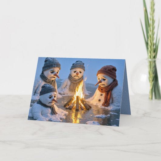 Christmas Snowmen Melting Around a Campfire カード (正面)