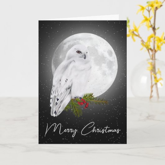 Christmas Snowy Owl In the Moonlight カード (黄色い花)