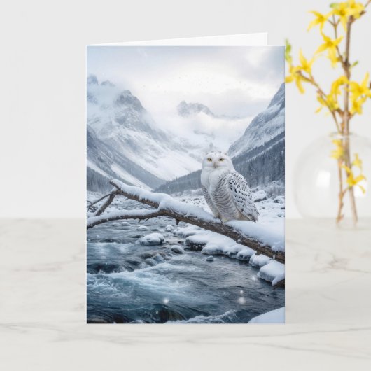 Christmas Snowy Owl On a Winter Tree Branch カード (黄色い花)