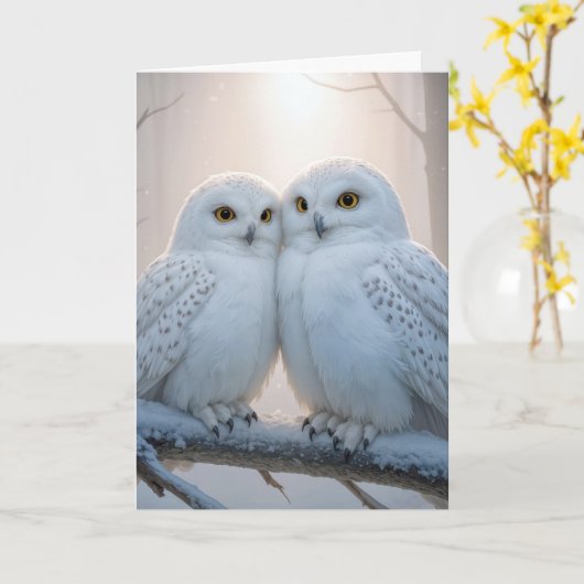 Christmas Snowy Owls On a Winter Branch カード (黄色い花)