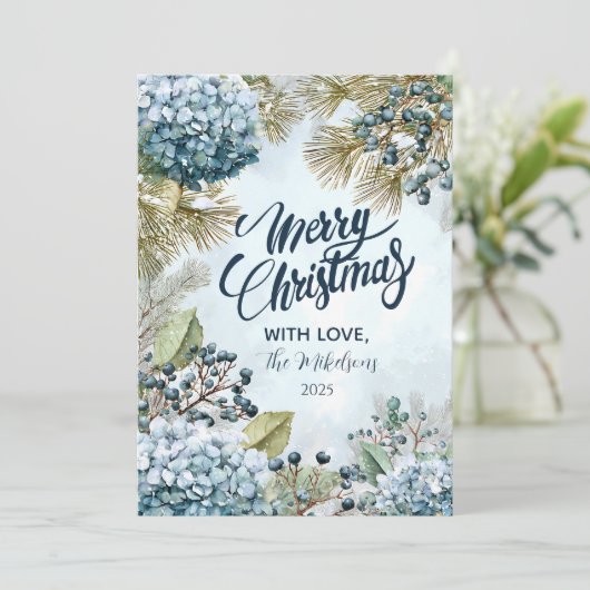 Christmas Snowy Pine Hydrangea シーズンカード (スタンド正面)