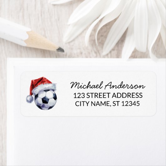 Christmas Soccer Ball Santa Return Address ラベル (インサイチュ)