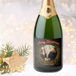 Christmas Sparkling Glitter Black Custom Photo スパークリングワインラベル