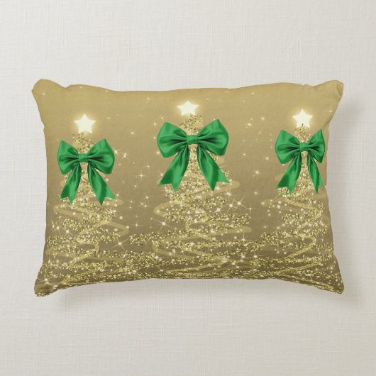 Christmas Sparkling Trees Gold Faux Green Bow アクセントクッション (正面)