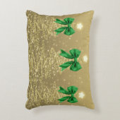 Christmas Sparkling Trees Gold Faux Green Bow アクセントクッション (正面(垂直))