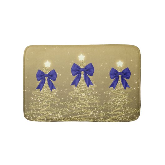 Christmas Sparkling Trees Gold Faux Navy Bow  バスマット (正面)