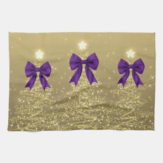 Christmas Sparkling Trees Gold Faux Purple Bow キッチンタオル (横)