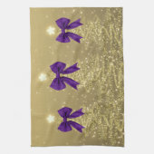Christmas Sparkling Trees Gold Faux Purple Bow キッチンタオル (縦)