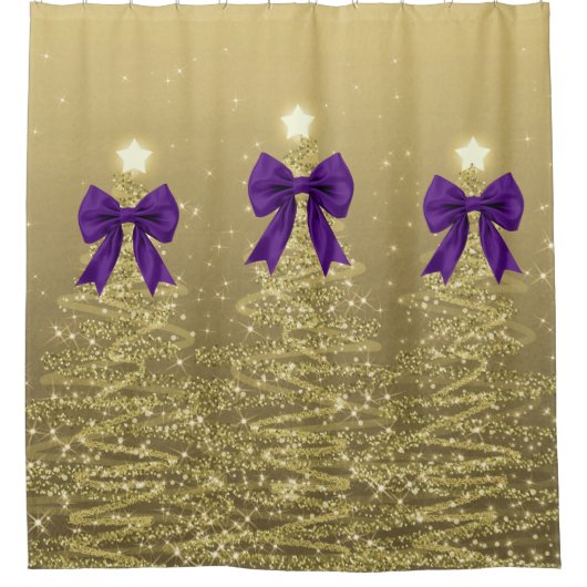 Christmas Sparkling Trees Gold Faux Purple Bow  シャワーカーテン (正面)
