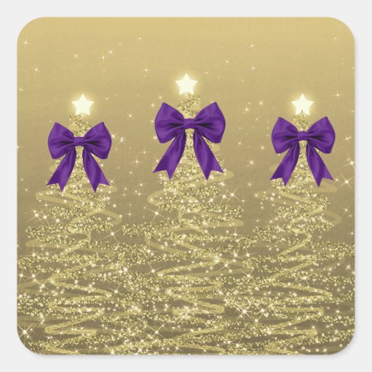 Christmas Sparkling Trees Gold Faux Purple Bow  スクエアシール (正面)
