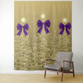 Christmas Sparkling Trees Gold Faux Purple Bow  タペストリー (インサイチュ)