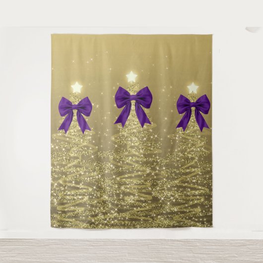 Christmas Sparkling Trees Gold Faux Purple Bow  タペストリー (正面)