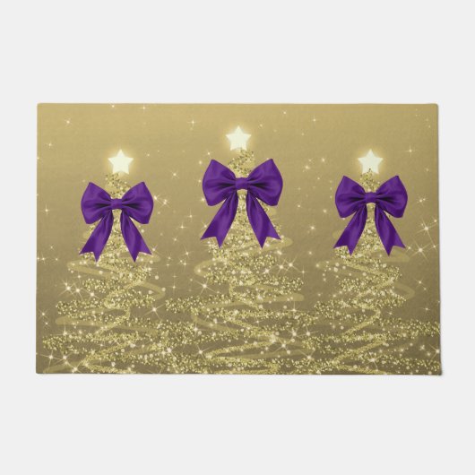 Christmas Sparkling Trees Gold Faux Purple Bow  ドアマット (正面)