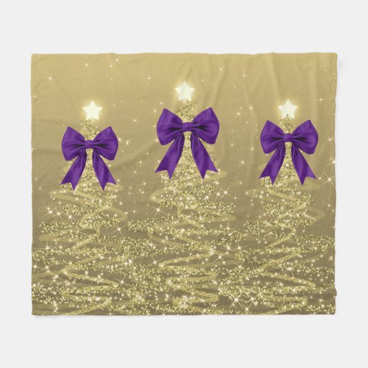 Christmas Sparkling Trees Gold Faux Purple Bow  フリースブランケット (正面(横))