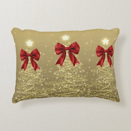 Christmas Sparkling Trees Gold Faux Red Bow  アクセントクッション (正面)