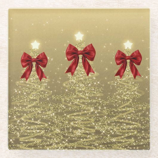 Christmas Sparkling Trees Gold Faux Red Bow  ガラスコースター (正面)