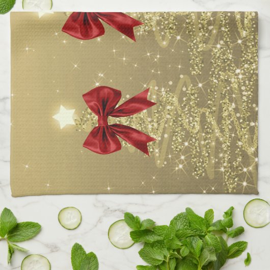 Christmas Sparkling Trees Gold Faux Red Bow  キッチンタオル (折り畳み)