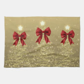 Christmas Sparkling Trees Gold Faux Red Bow  キッチンタオル (横)