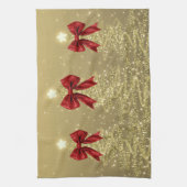 Christmas Sparkling Trees Gold Faux Red Bow  キッチンタオル (縦)
