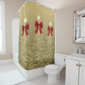 Christmas Sparkling Trees Gold Faux Red Bow シャワーカーテン (インサイチュ)