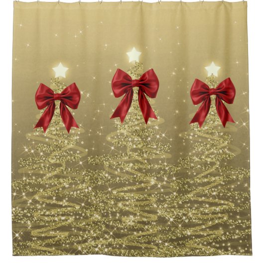 Christmas Sparkling Trees Gold Faux Red Bow シャワーカーテン (正面)