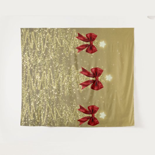 Christmas Sparkling Trees Gold Faux Red Bow  タペストリー (正面(横))