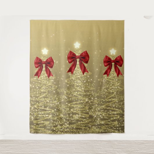 Christmas Sparkling Trees Gold Faux Red Bow  タペストリー (正面)