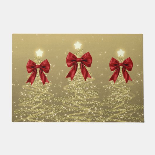 Christmas Sparkling Trees Gold Faux Red Bow  ドアマット (正面)