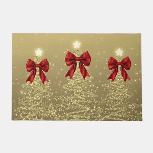 Christmas Sparkling Trees Gold Faux Red Bow  ドアマット (正面)