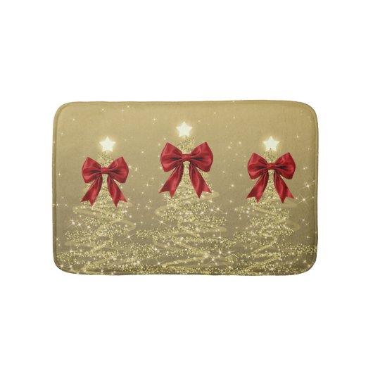 Christmas Sparkling Trees Gold Faux Red Bow  バスマット (正面)